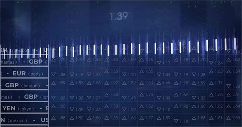 Dark blue forex dashboard showing candlestick bars grid overlay market currency rates 1.39
