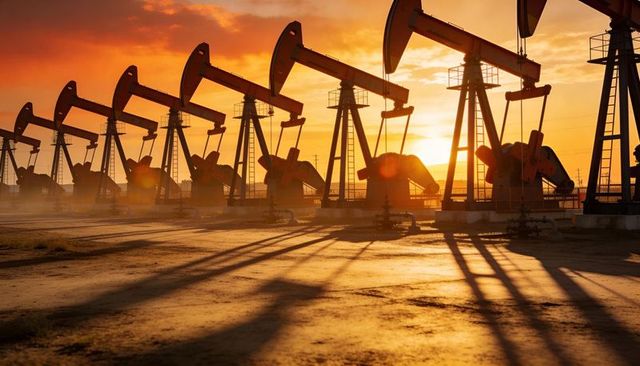Row of oil pumpjacks silhouetting at sunset over dusty field conveying energy industry