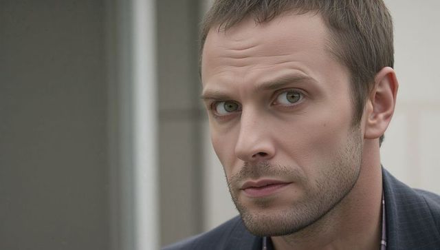 Intense male headshot with piercing gaze in blazer and collared shirt on neutral facade