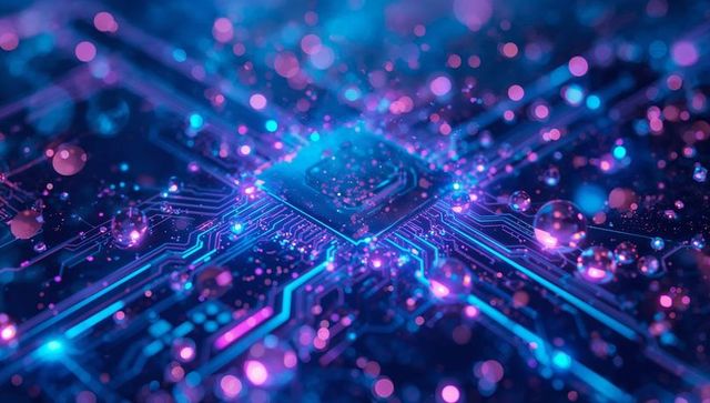 Neon chip on electric circuit board with bokeh effect