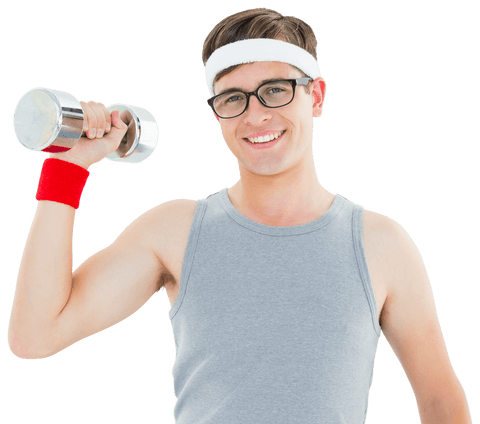 Hipster in sportswear holding dumbbell with transparent background