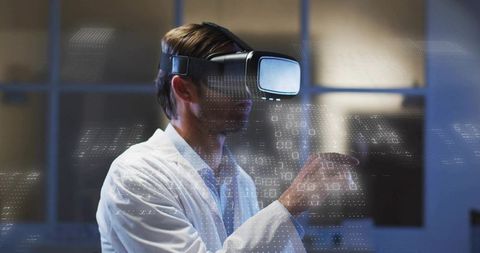 Researcher wearing vr headset interacting with holographic binary data in tech lab