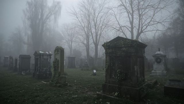 Foggy unearthly atmosphere in antique cemetery with moss-covered mausoleums