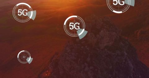 5G Technology Concept on Rocky Mountain at Sunset