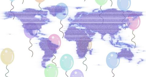 Glitch world map with pastel balloons floating over purple distressed minimalist canvas