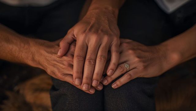 Intimate couple holding hands closeup on knees with stacked fingers and multi-stone ring