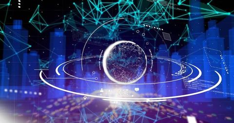 Futuristic holographic data core displaying orbital analytics, neon network interface hud