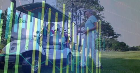Senior golfers chatting by golf cart with data overlay for performance and leisure