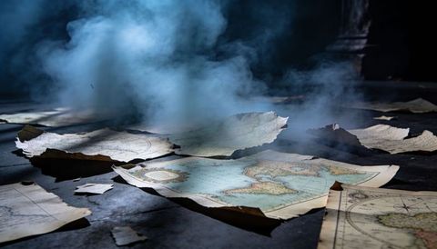 Antique world map lying on worn floor with bluish smoke and torn parchment