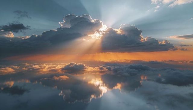 Sunbeams piercing cumulus clouds over mirror-like water at sunrise with crepuscular rays