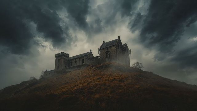 Majestic Medieval Fortress on Misty Hill Under Ominous Skies