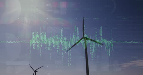 Digital Financial Data Over Wind Turbines Illustrating Renewable Energy