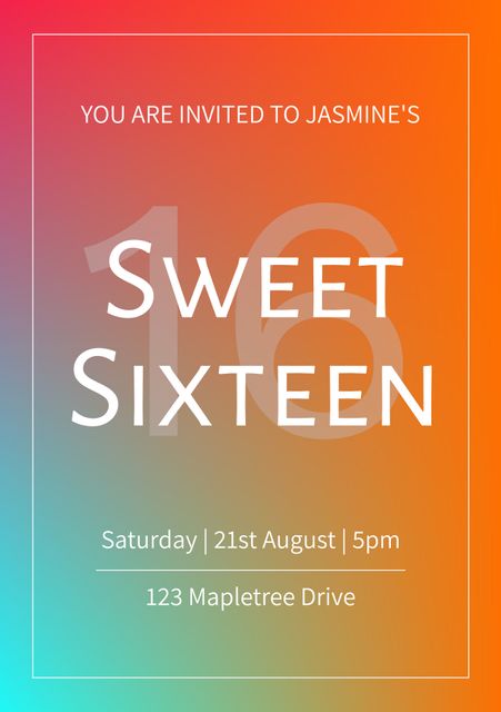 This invitation card features a vibrant gradient background with bold typography, perfectly capturing the excitement and joy of a Sweet Sixteen birthday celebration. Ideal for use in creating invitation sets, party announcements, and social media posts for a 16th birthday party.