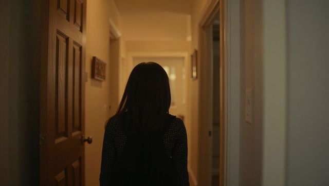 Walking woman in dim narrow hallway back view creating moody warm interior atmosphere