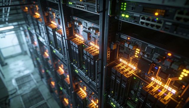 Glowing server rack in data center displaying orange circuit traces and status leds
