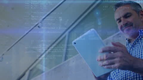 Businessman Engaged with Digital Tablet and Data Interface Overlay