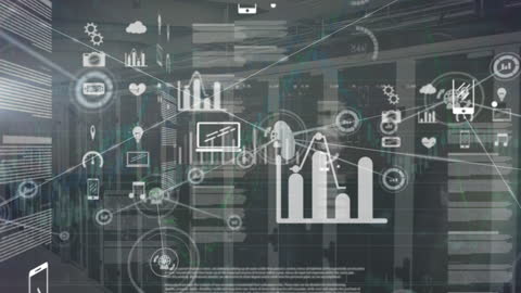 Digital Media Icons Overlaying Cityscape Representing Data Processing