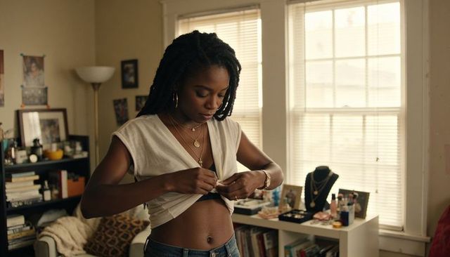 Young woman with dreadlocks adjusting white top in sunlit bedroom