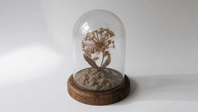 Botanical display of dried flower under glass dome and wooden base