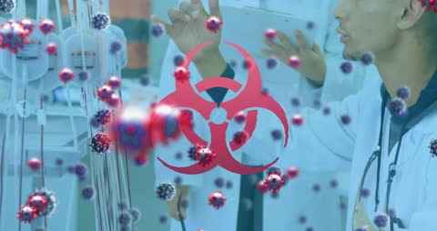 Laboratory Researchers Analyzing Coronavirus with Biohazard Symbol Overlay