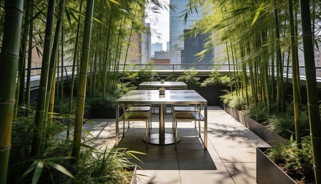 Minimalist rooftop bamboo dining with stainless steel table and urban skyline