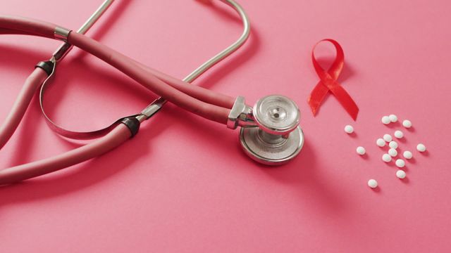 Health-focused visual featuring stethoscope, pills, and red ribbon on pink background. Can be used for campaigns on healthcare, cancer awareness, and health-related informational materials.