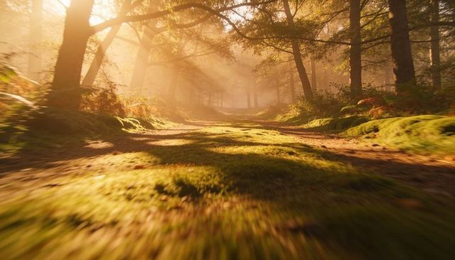 Moss-covered forest trail winding into golden sunbeams through misty woodland canopy
