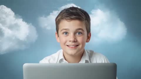 Preteen Boy Working on Laptop with Cloud Graphics Smiling and Engaging in Online Learning