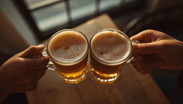 Clinking glass beer mugs in warm pub light with frothy heads and amber glow