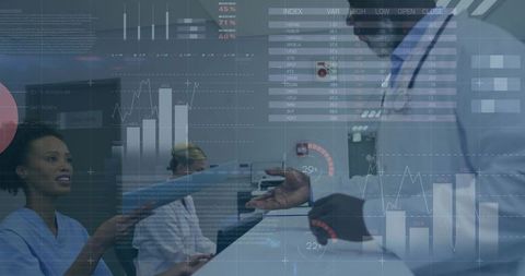 Medical Professionals Discussing with Digital Technology Overlay