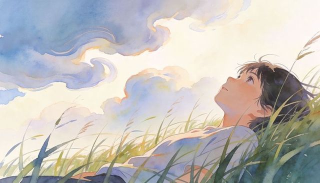 Teenager lying in meadow gazing at cloudscape watercolor illustration daydreaming
