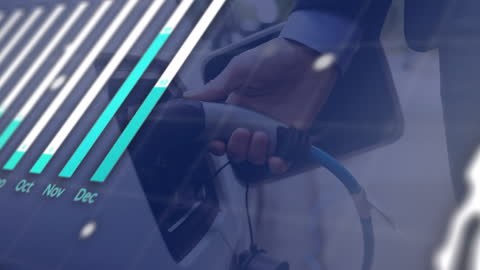 Charging Electric Car with Data Overlay Reflecting Energy Trends