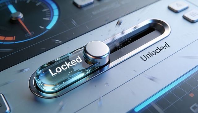 Futuristic locked-to-unlocked dashboard slider with glass capsule, metallic knob console