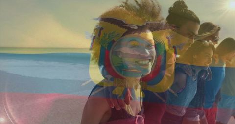 Friends walking arm-in-arm along sunny beach with ecuador flag overlay and lens flare