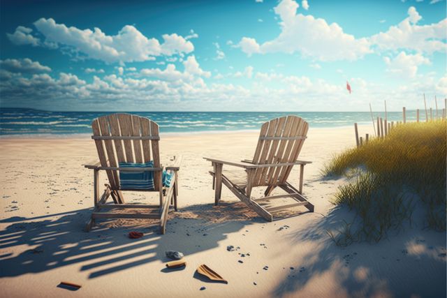 Two deckchairs on sunny beach, created using generative ai technology. Beach holiday, summer and vacation concept digitally generated image.