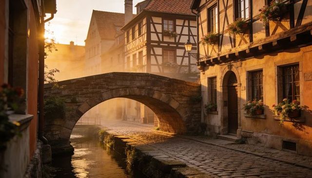 Golden hour stone bridge spanning serene canal in historic timber-framed village