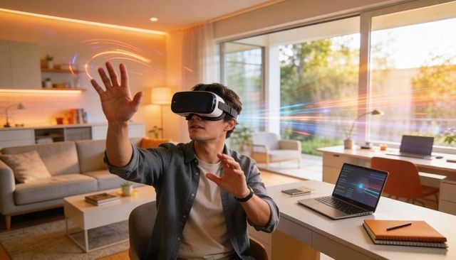Asian man interacting with virtual reality headset in modern home workspace for immersive tech