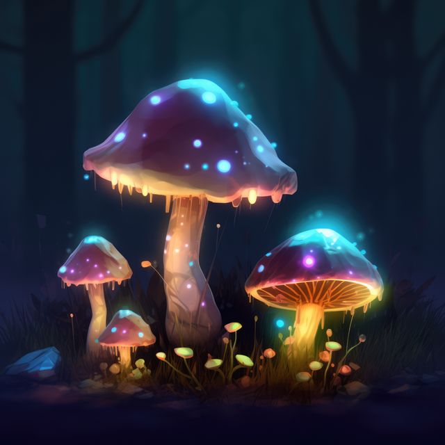 Close up of colorful glowing mushrooms in forest created using generative ai technology. Mushrooms, magic and colours concept digitally generated image.