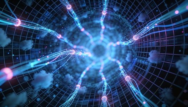 Glowing filament tunnel converging into neon void with luminescent grid nodes and pink data strands