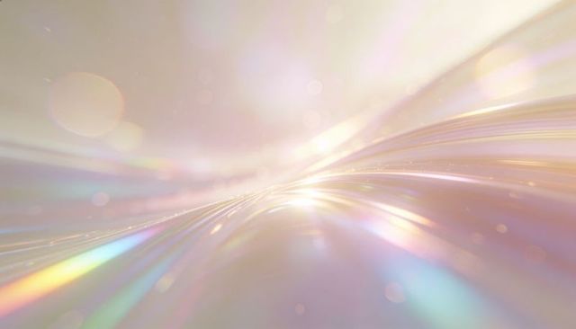 Glowing iridescent ribbons curving toward central flare with pastel bokeh and soft gradients