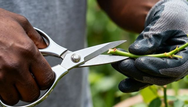 Closeup gardener pruning thorny rose stem with stainless steel shears and gloved hands