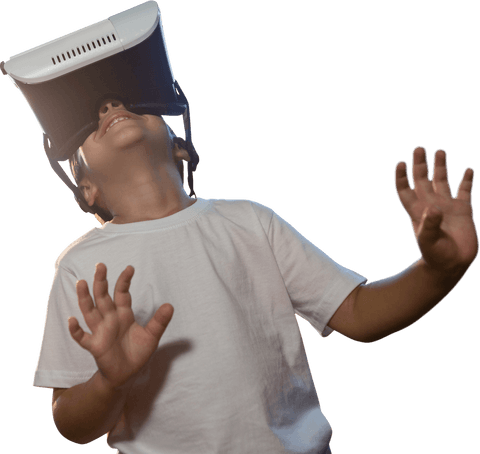 Smiling Boy Engaging with Transparent Virtual Reality