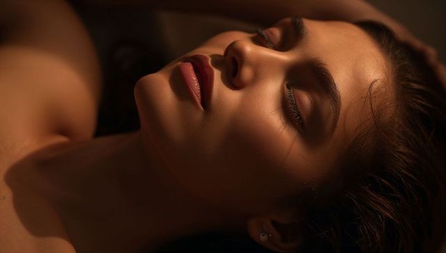 Serene reclining woman bathing face in warm moody light, beauty close-up for skincare