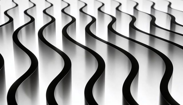 Monochrome wavy ribbons creating repetitive curves, soft shadows and reflective geometry
