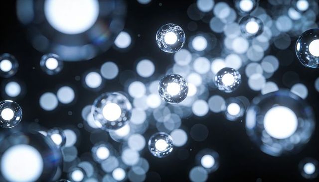 Glowing Glass Orbs Floating with LED Cores and Blue Bokeh Light Reflections