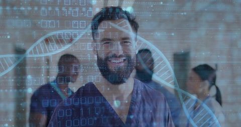 Smiling bearded medic in scrubs with dna and binary overlay representing genomics research