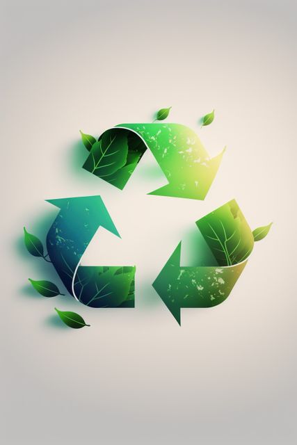Green recycling symbol with leaves on white background, created using generative ai technology. Recycling and ecology concept digitally generated image.