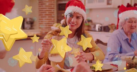 Festive Christmas Dinner with Family Celebrating in Santa Hats