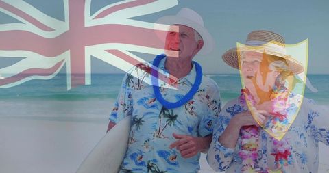 British retirees enjoying tropical beach vacation with surfboard, floral shirts and leis