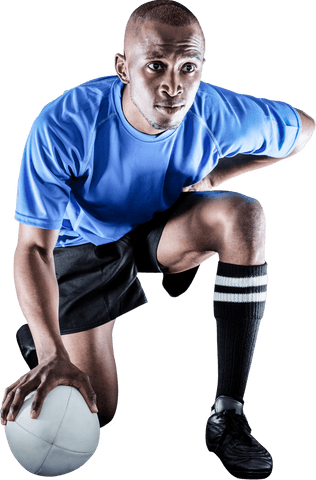 Transparent Sporty Rugby Player Holding Ball in Focus
